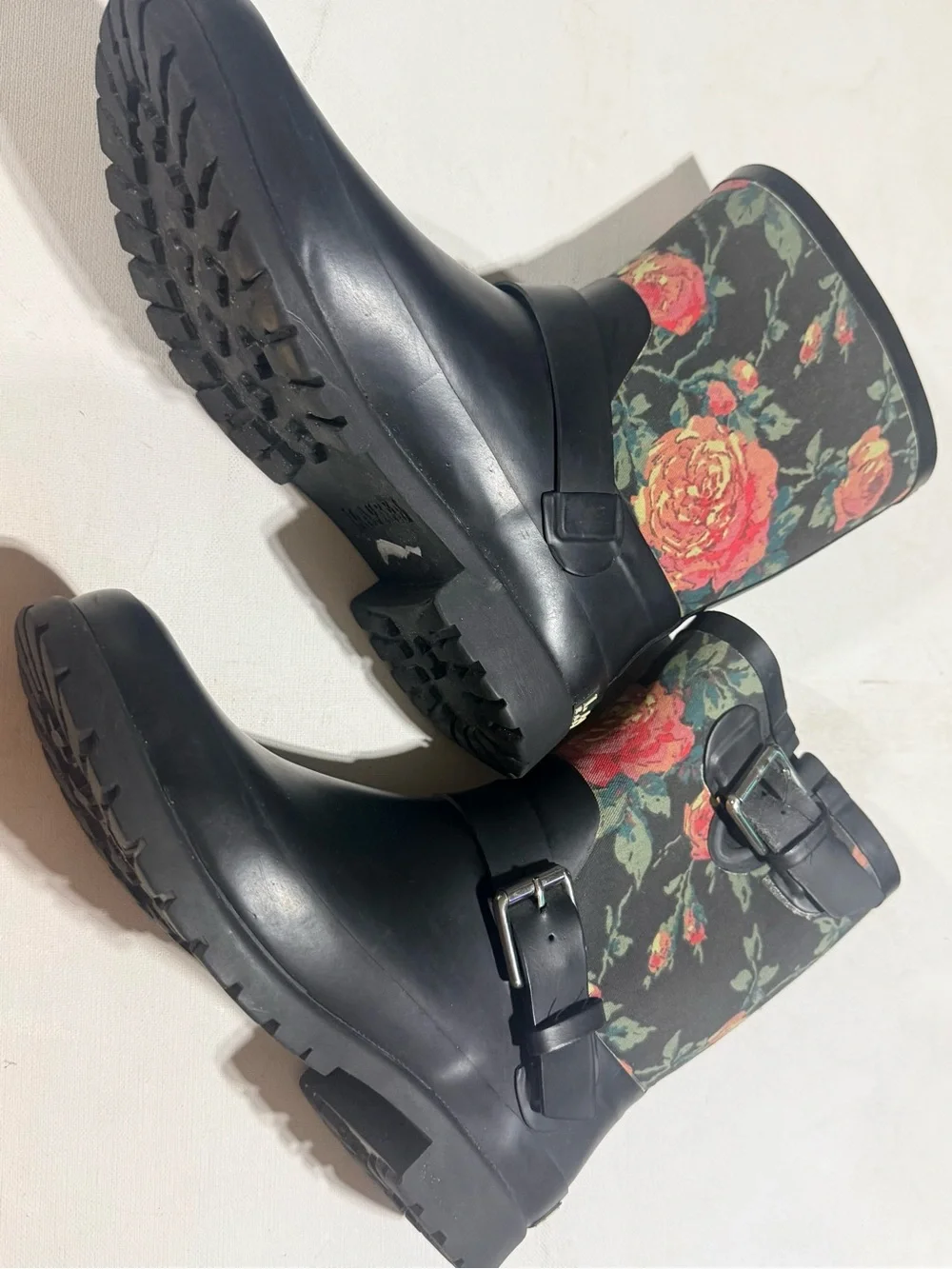 Lauren Ralph Lauren Black Rain Boots with Floral Print Shaft and Buckle Detail